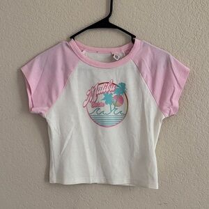 pink and white Malibu barbie, baby tee